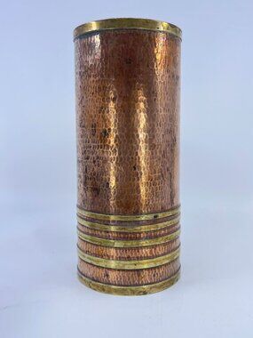 vintage hammered copper & brass cylinder vase with patina 7 1/2" tall